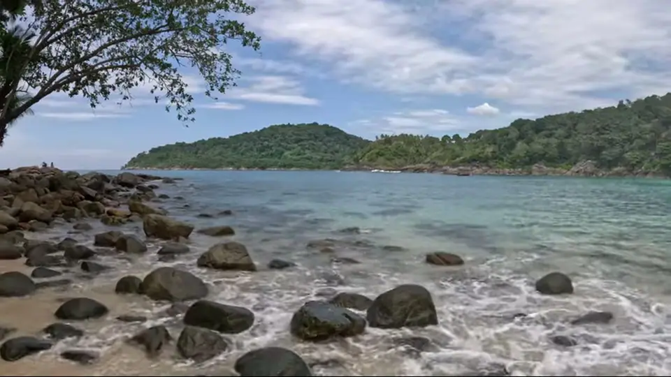 Smooth boulders frame a shaded turquoise bay beneath overhanging trees.