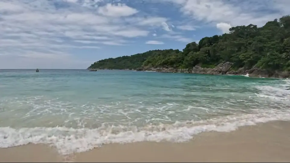 Wide sandy shore with foamy surf and a forested headland.